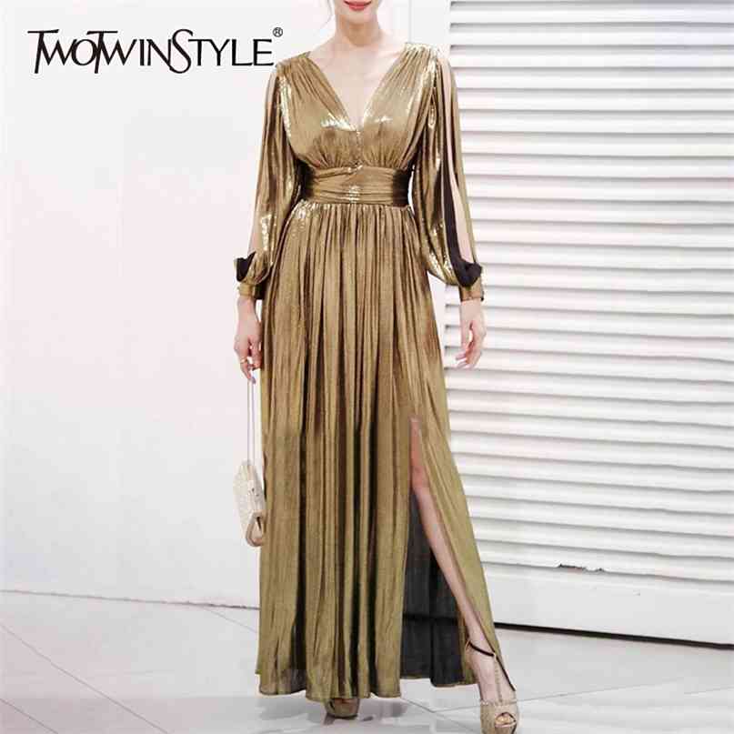 

Sexy Evening Party Dress Women V Neck Lantern Sleeve High Waist Tunic Ruched Side Split Dresses Female 210520, Gold