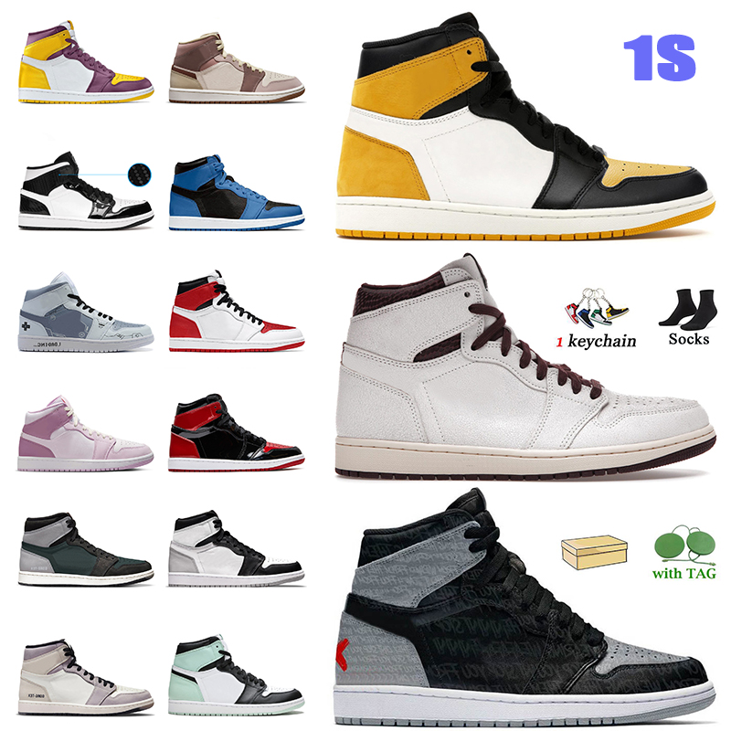

Jumpman 1s Women Mens High OG 1 Basketball Shoes Yellow Toe A Ma Maniere Element Black Particle Grey Carbon Fiber All-Star Patent Bred UNC Trainers Sneakers With Socks, A39 tan gum 36-46