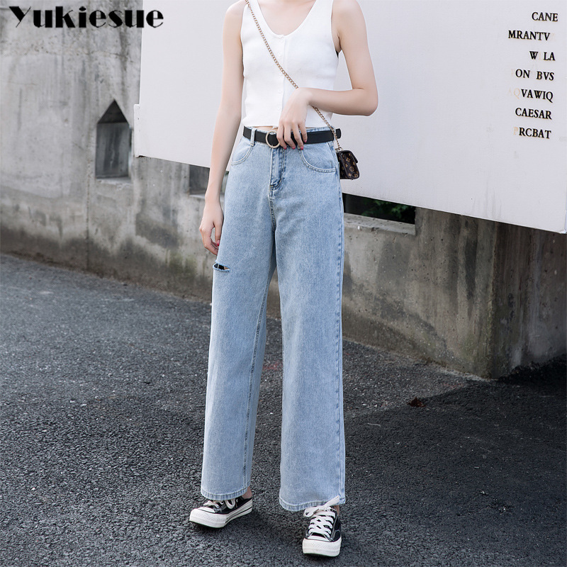 

Vintage wide leg Jeans Women Blue High Waist Denim Pants Mujer Mom Boyfriend ripped Straight Jeans woman summer Denim Jeans 210519, Hole style