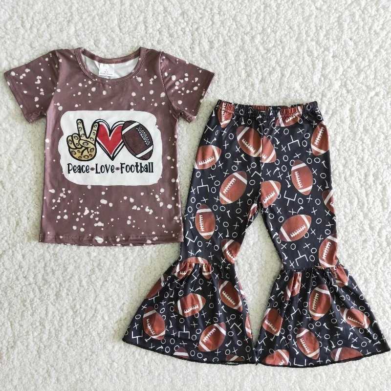 

Wholesale Baby Girl Spring Boutique Outfit Fashionable Kids Brown Peace Love Football Shirt Bells Pants Summer Children Clothes P0831, As picture