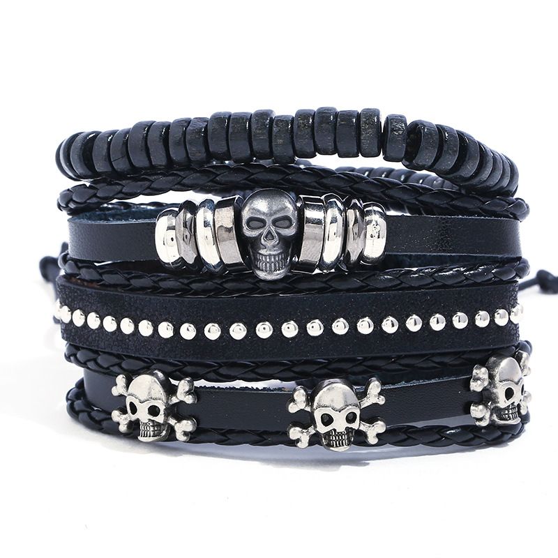

Vintage Gothic Punk Skull Metal Multilayer Leather Beaded Strands Bracelet Men Charm Bracelets Arm Jewelry