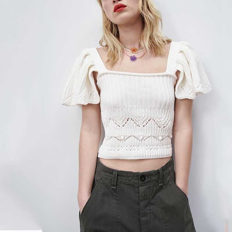 

Fashion Flare Sleeve Knitwear Crop Top Square Collar Knit Top Summer Ruffles Knitted Pullovers 210603, Beige