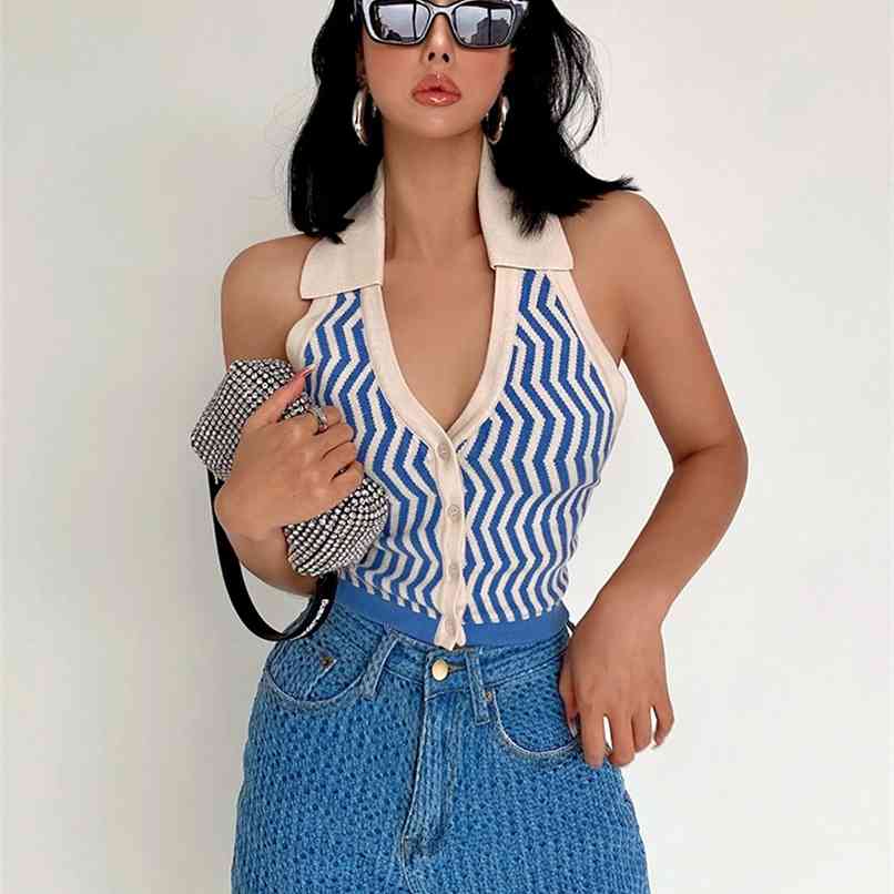 

Halter Top for Women Sexy Blouse Knitted Striped Backless Tank Tops Y2k T Shirt Cami Short Blue Summer Fashion 210607