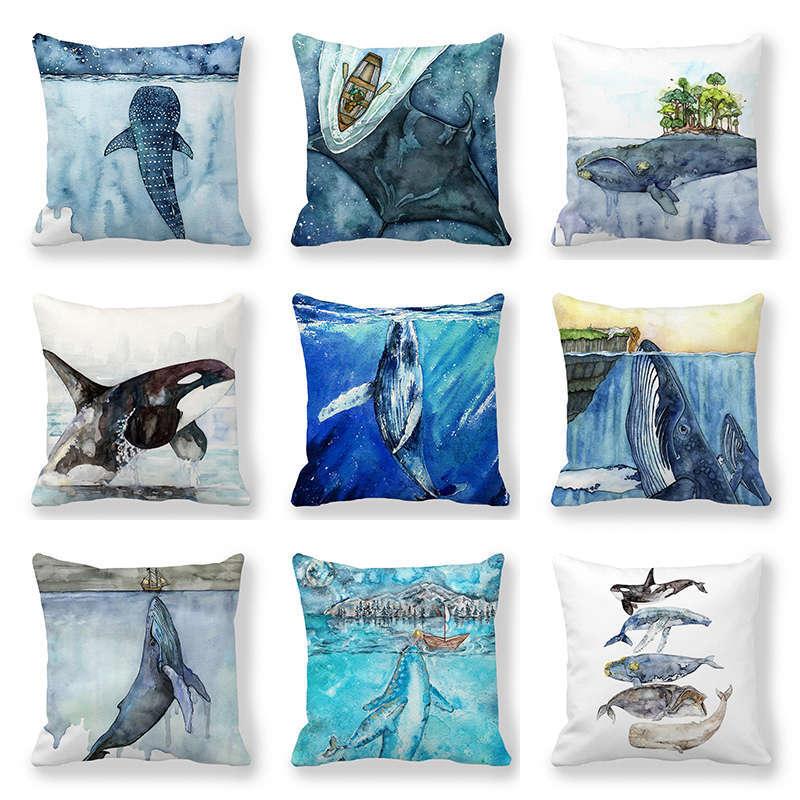 

Watercolor Whale Cushion Covers Polyester Ocean Blue Sea Fish Decorative Pillowcases 45x45 For Sofa Couch Living Room Decor Cushion/Decorati