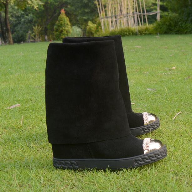 

boots the transport of the woman's black suede high-rise metal gold toe eight in boots wedge round foot mid-calf casual fold-in afbz
