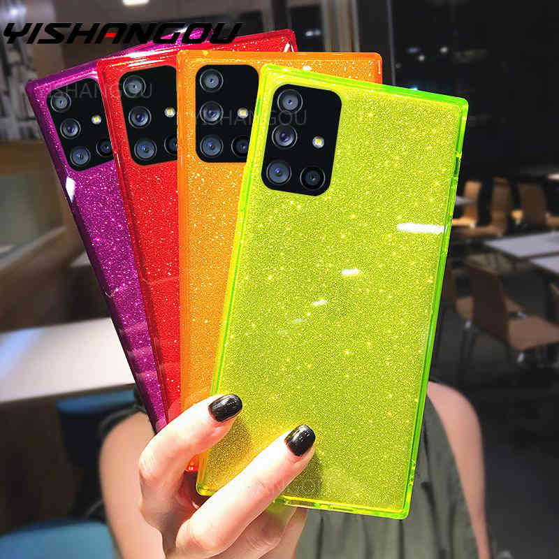 

Square Fluorescent Glitter Phone Case For Samsung S20 FE Plus Note 20 Ultra S10 A71 A51 A50 A70 S21 A52 A72 Soft Cover