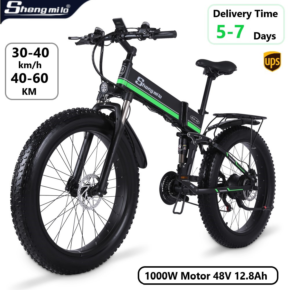 

MX01 26 Inch Folding Electric bike Mountainbike 4.0 Fat Tire Electric Bicycle 1000W Ebike 48V Lithium-Battery Shengmilo E-bike, 26 inches green