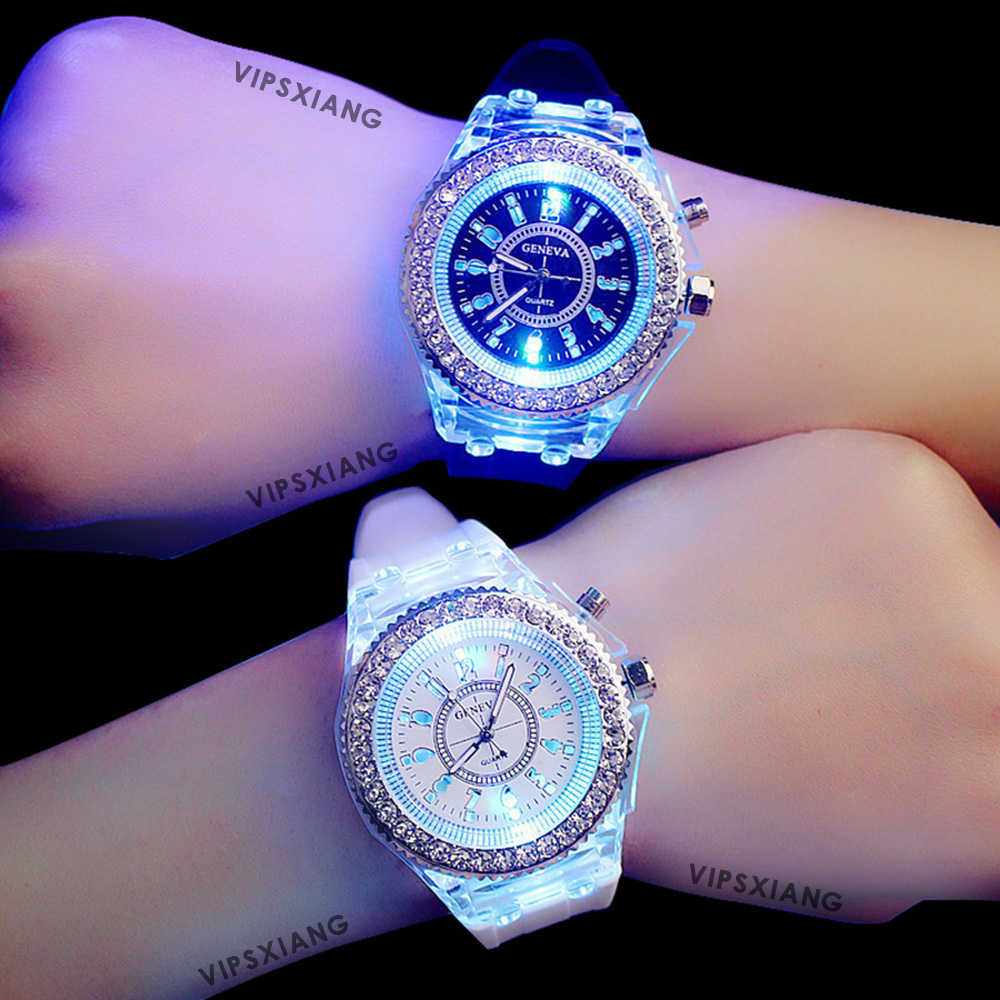 Luminous diamond watch fashion trend Men's Women's watches lover color LED jelly Silicone Geneva Transparent student wristwatch couple man woman gift