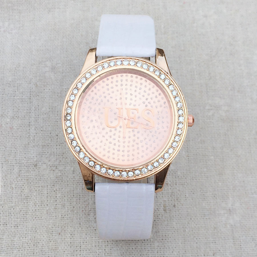 

Fashion Watches women Men crystal style dial leather strap quartz watch GS06, White rose gold