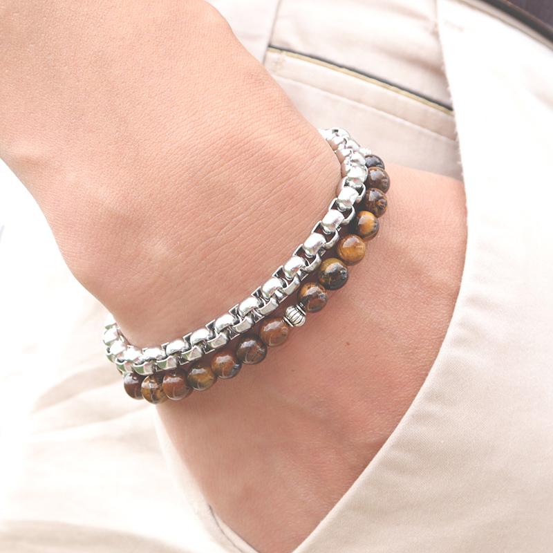 

Beaded, Strands Natural Tiger Eye Stone Men Bracelet Adjustable Double Layer Stainles Steel Chain Braclet Fashion Homme Wrist Accessories Je