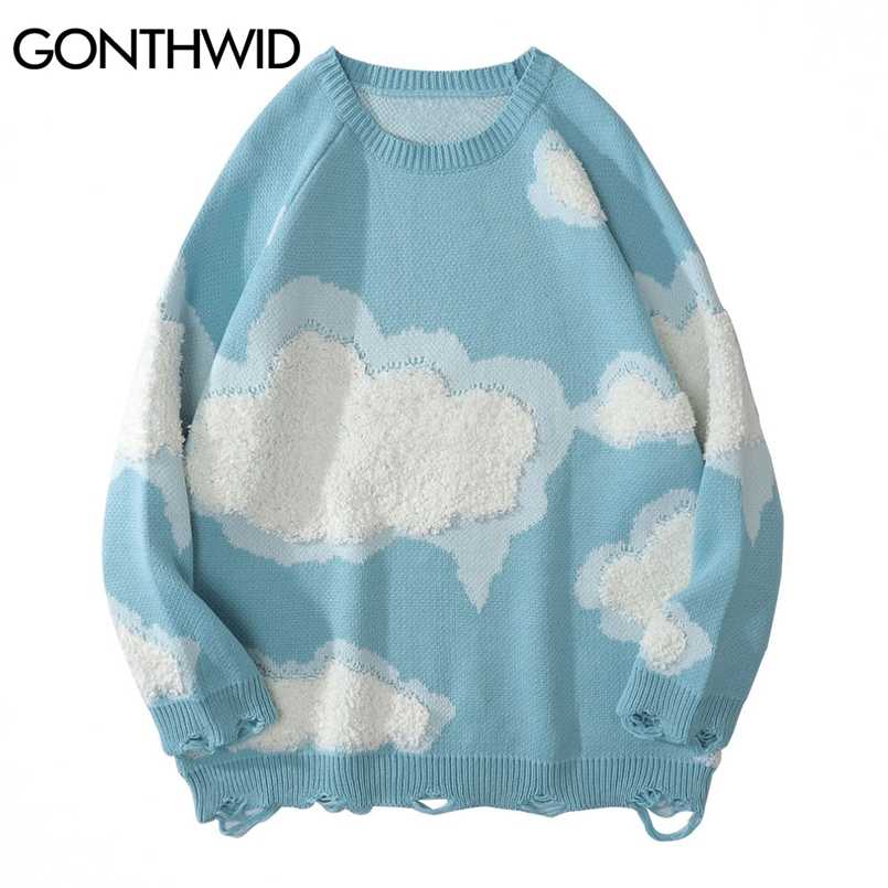 

GONTHWID Knitwear Sweater Women Harajuku Hip Hop Streetwear Knitted Cloud Ripped Holes Casual Kawaii Loose Pullover Jumpers Tops 211018, Sky blue