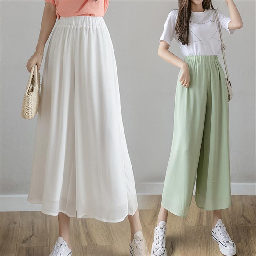 

korean loose chiffon pleated summer womens capri trousers high waist wide leg female culottes for, Black;white
