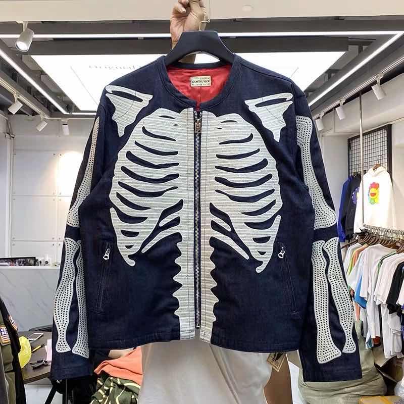 

Men's Jackets Full Bone Embroidery KAPITAL Zipper Jacket Men Women 1:1 High Quality Autumn Winter Retro Rib Cage Zip Sleeve Denim Coat, Black