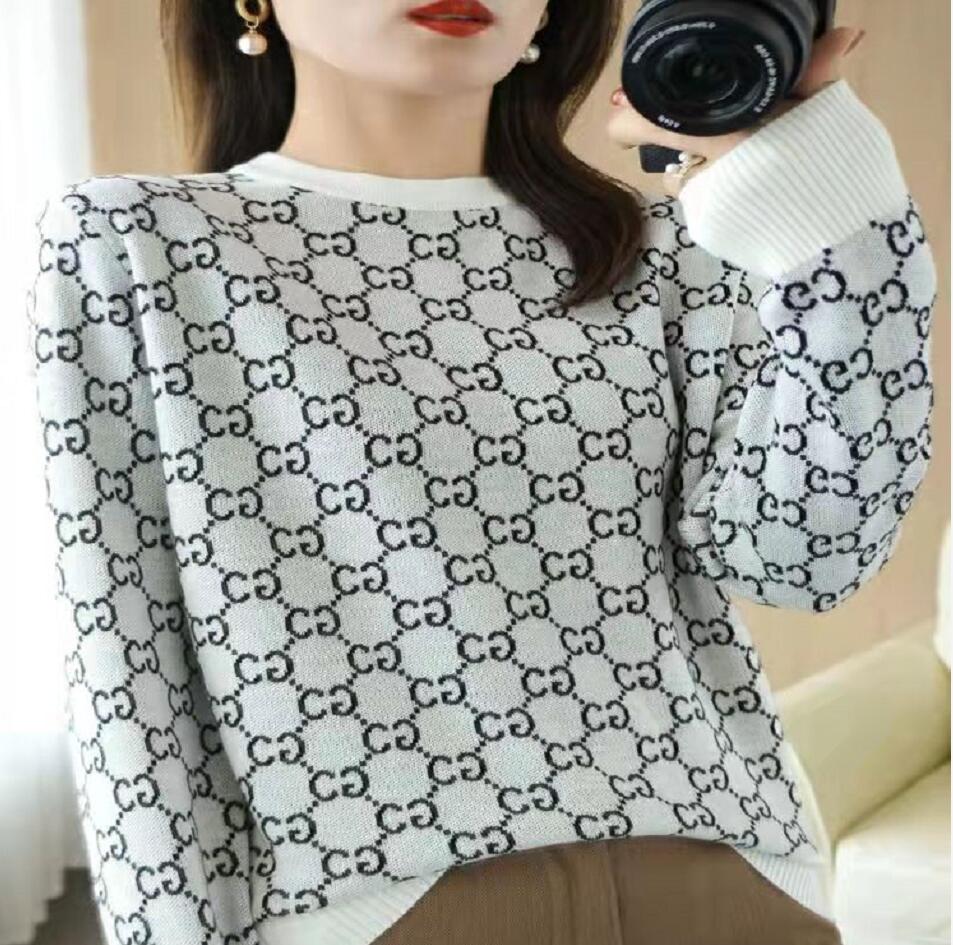 

2022G Women Sweater Top Long Sleeves G High Neck Vintage Female Knitted Sweaters Pullover Chic Tops, Blue