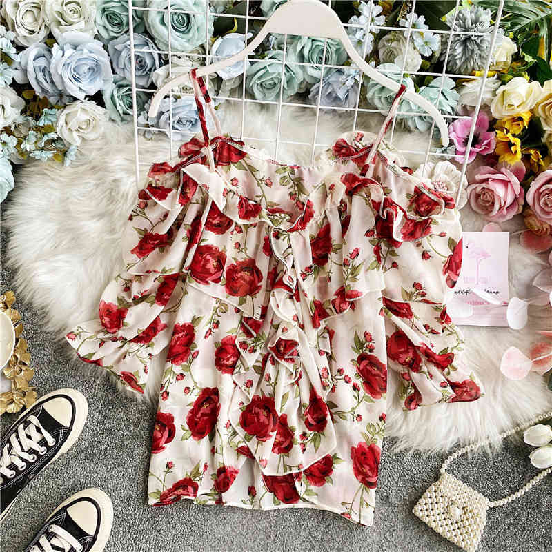 

Ladies Spring Summer Cute Casual Chiffon Blouse Spaghetti Strap Fold Sweet Short Sleeve Ruffle Women's 210520, Mixedcolor2