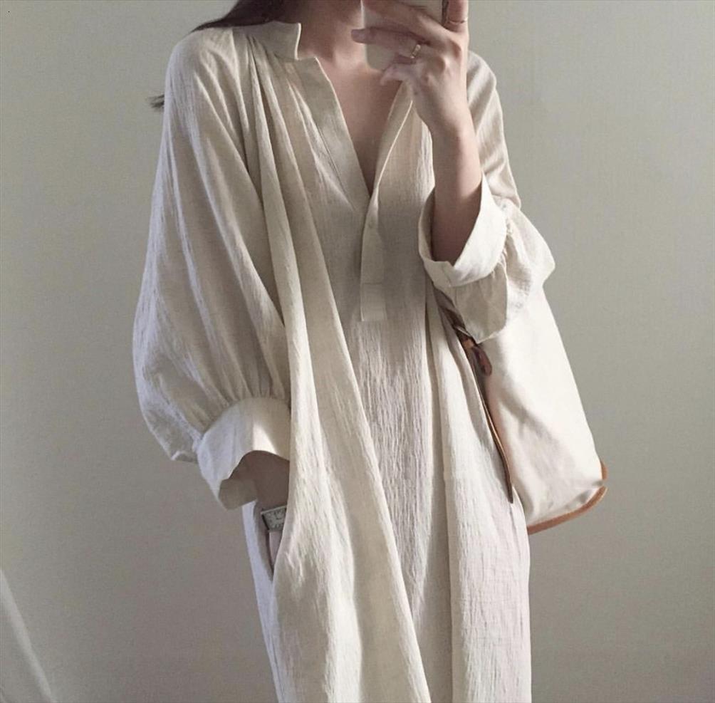 

cozy cotton linen wrinkled spring women dress summer vintage blouse korean design prairie chic autumn casual, Black;gray