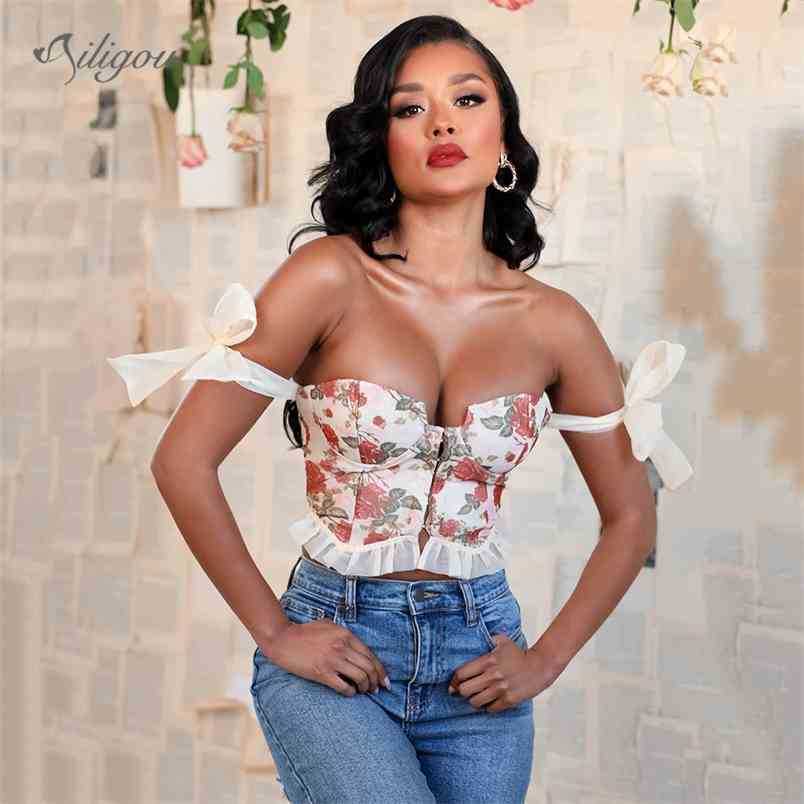 

Floral Corset Ladies Sweet Print Ruffled Sexy Nine-Point Bow Bandage Tops Summer Sleeveless Casual Vest 210525, As photos