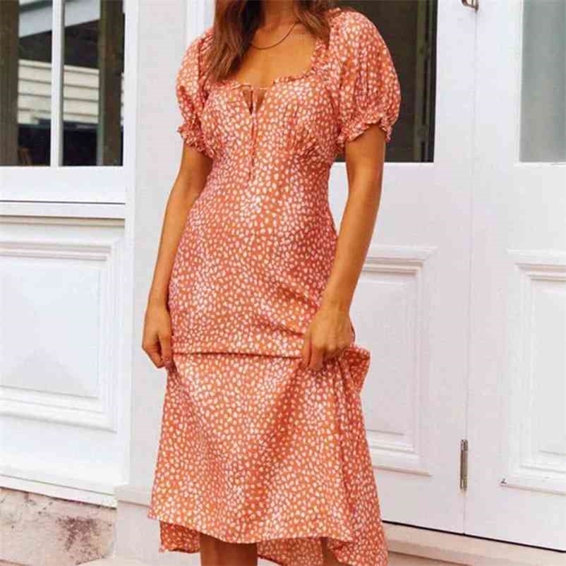 

Women Retro Dots print Dress V-neck puff sleeve Slim dress Summer Elegant Chiffon Short Sleeve Dresses Femme 210524, Red