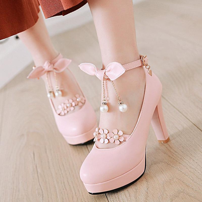 

Dress Shoes Rimocy Sweet Super High Heels Lolita Woman Summer 2021 Plus Size 43 Thick Heeled Platform Pumps Bowtie Strap Sandals, Beige