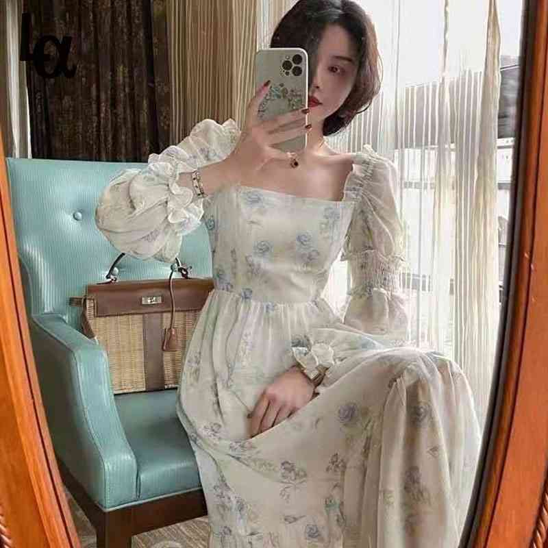 

Dress Korea Fairy Floral Midi Women Puff Sleeve Elegant Vintage Party Office Lady Summer 210519, Beige