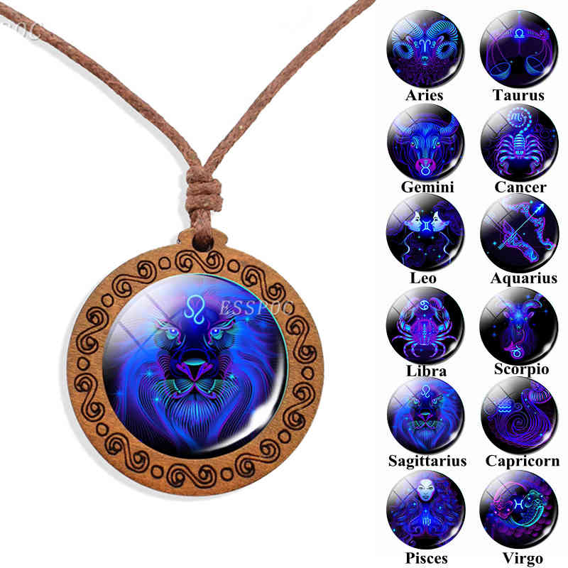 

12 Constellation Glass Cabochon Wooden Pendant Neckalce Zodiac Sign Leo Wood Jewelry Women Wax Rope Chain Necklaces Gifts