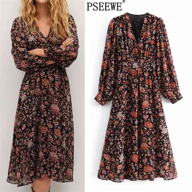 

Black Floral Print Midi Dress Woman Winter Vintage Goth Long Sleeve Party es Women Elegant es 210519