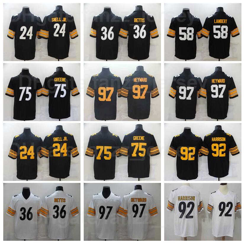 

Men Football 97 Cameron Heyward Jersey 24 Benny Snell Jr 36 Jerome Bettis 75 Joe Greene 92 James Harrison 58 Jack Lambert Vintage Color Rush All Stitching Black White, 24 black