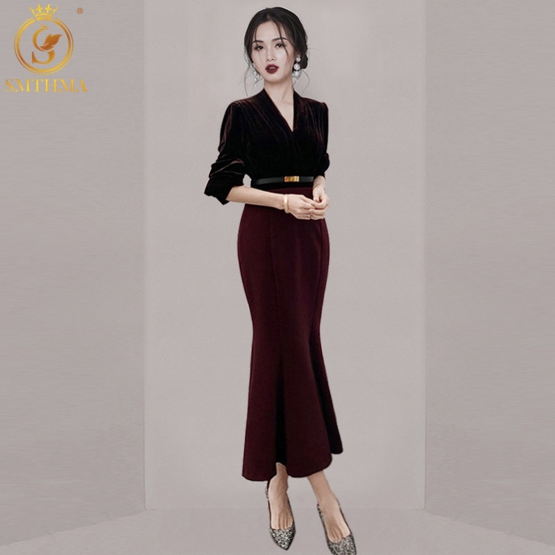 

Vintage Patchwork Velvet Women Mermaid Long Dress Sexy V-Neck Ruffles Female Elegant Slim Waist Winter Vestidos With Belt 210520, Photo color