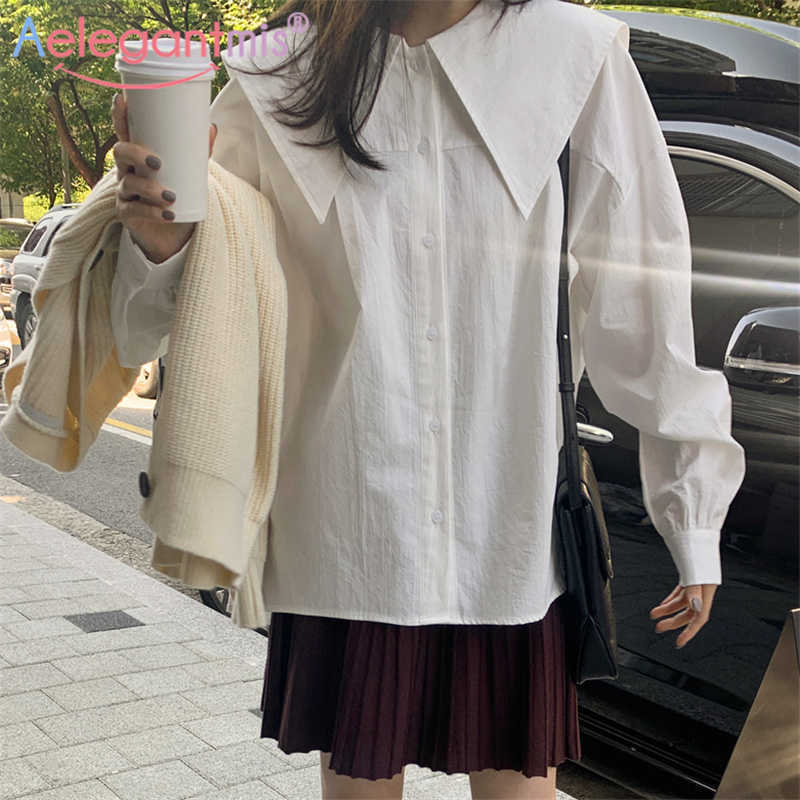 

Aelegantmis Sailor Collar Casual Loose Shirt Blouses Women Korean Stylish Lantern Sleeve Female Cute Blouse 210607, Khaki