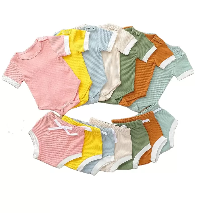

Baby Ribbed Clothes Boys Summer Clothing Set Candy Plain Article Pit Cotton Suit Girls Romper Triangle Pants 2Pieces Sets Bodysuits Shorts Outfits, Remark colors