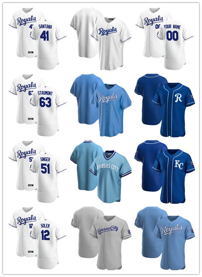 

Custom Jersey Mens youth Kansas City Royals 41 Carlos Santana 51 Brady Singer 12 Jorge Soler 63 Josh Staumont Baseball Jerseys, Blue;black
