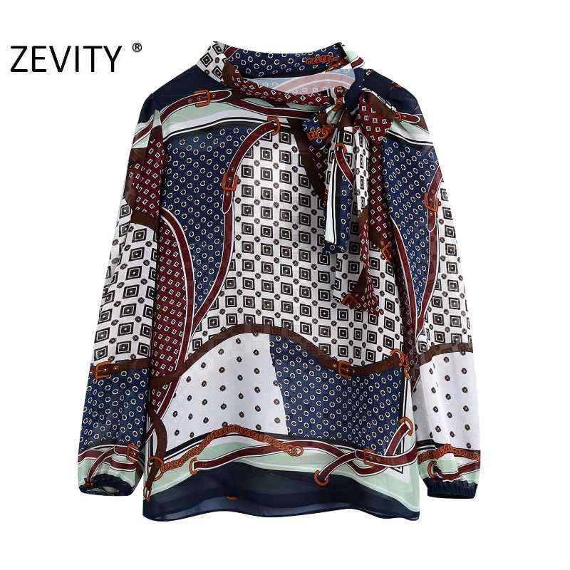 

Zevity Women Vintage Geometric Patchwork Print Chain Blouse Retro Bow Tied Casual Chiffon Shirts Chic Femme Blusas Tops LS7294 210603, As pic ls7294bb