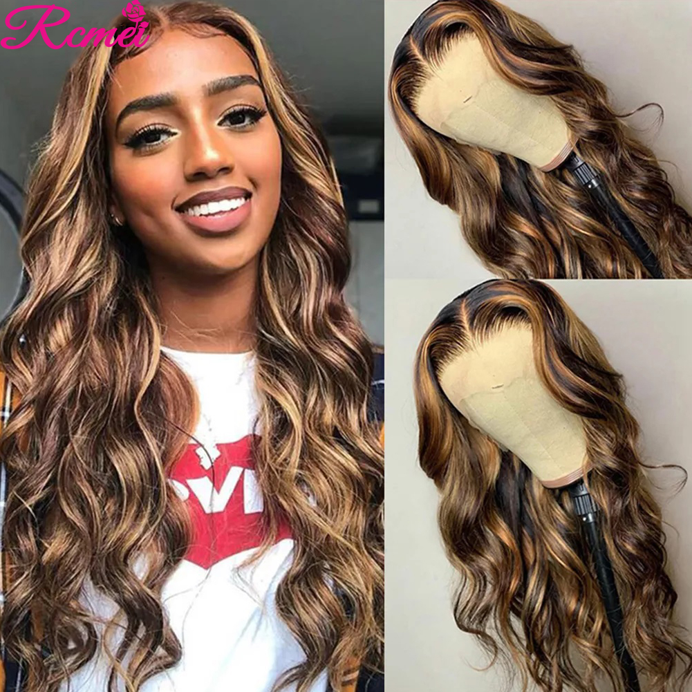 

26inch Brown Highlight Lace Front Human Hair Wigs Pre Plucked Colored Body Wave Highlight Wig Ombre Highlighted 13x1 Lace Frontal Wig, As the picture shows