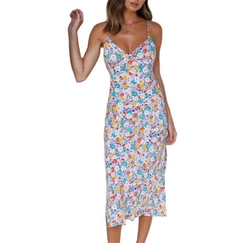 

Sexy V-neck Sleeveless Printed Sling Dress Temperament Elegant summer fashion women's clothing sexy dress 210520, The picture color