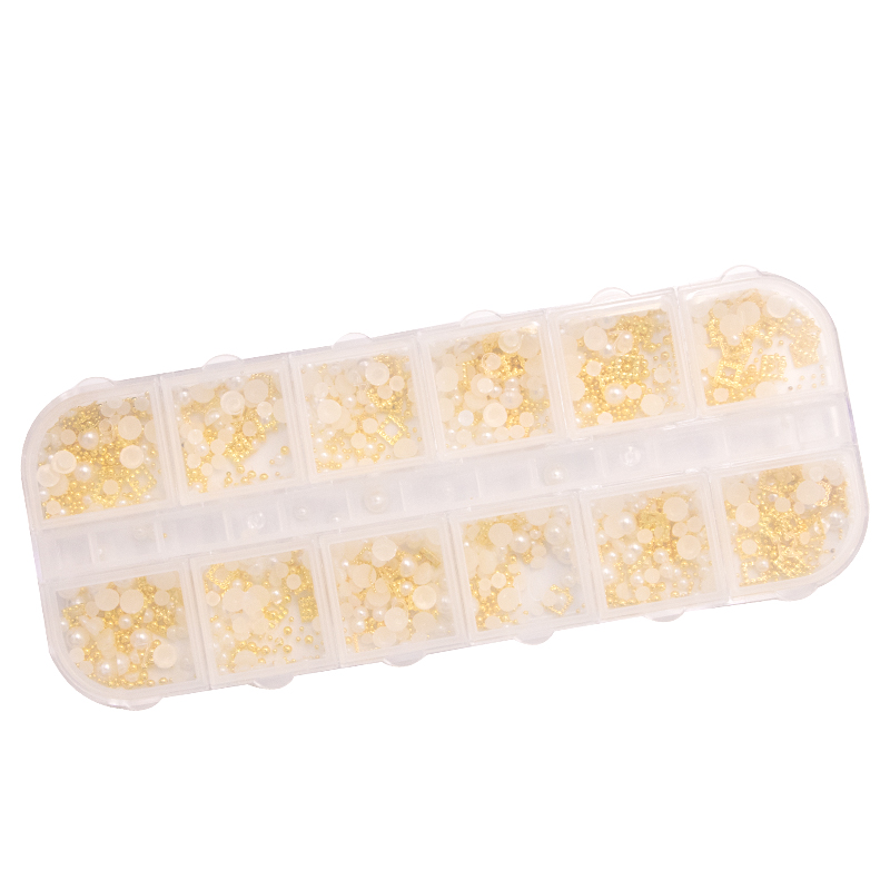 

12grid Nail Art rivet kits metal moon pentagon shape pearl ball For nails decorations DIY manicure accessory box package NAR015
