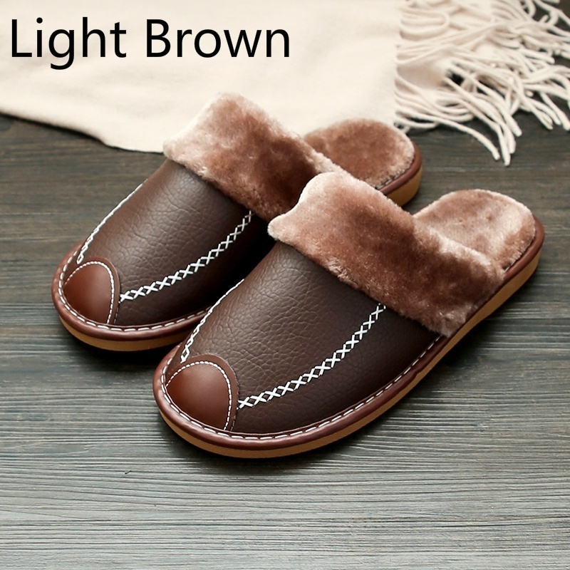 

Men Slippers Black Winter Pu Leather Warm Indoor Slipper Waterproof Home House Sho