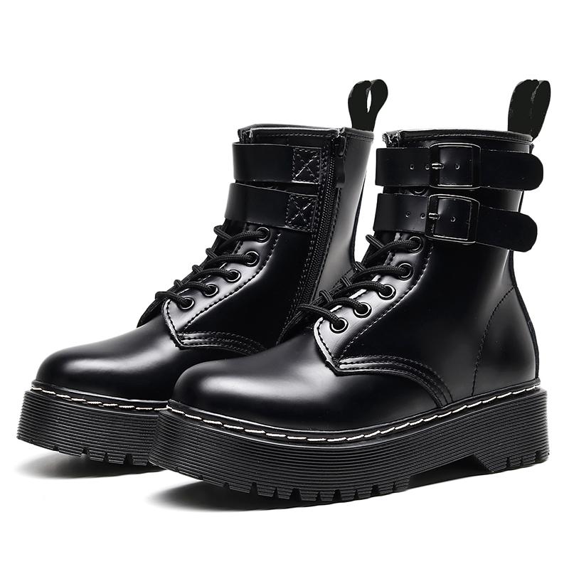 Boots Women Double Breasted Black Gothic Style Cool Punk Motorcycles Mid Heels Shoes Thick Snow Ankle