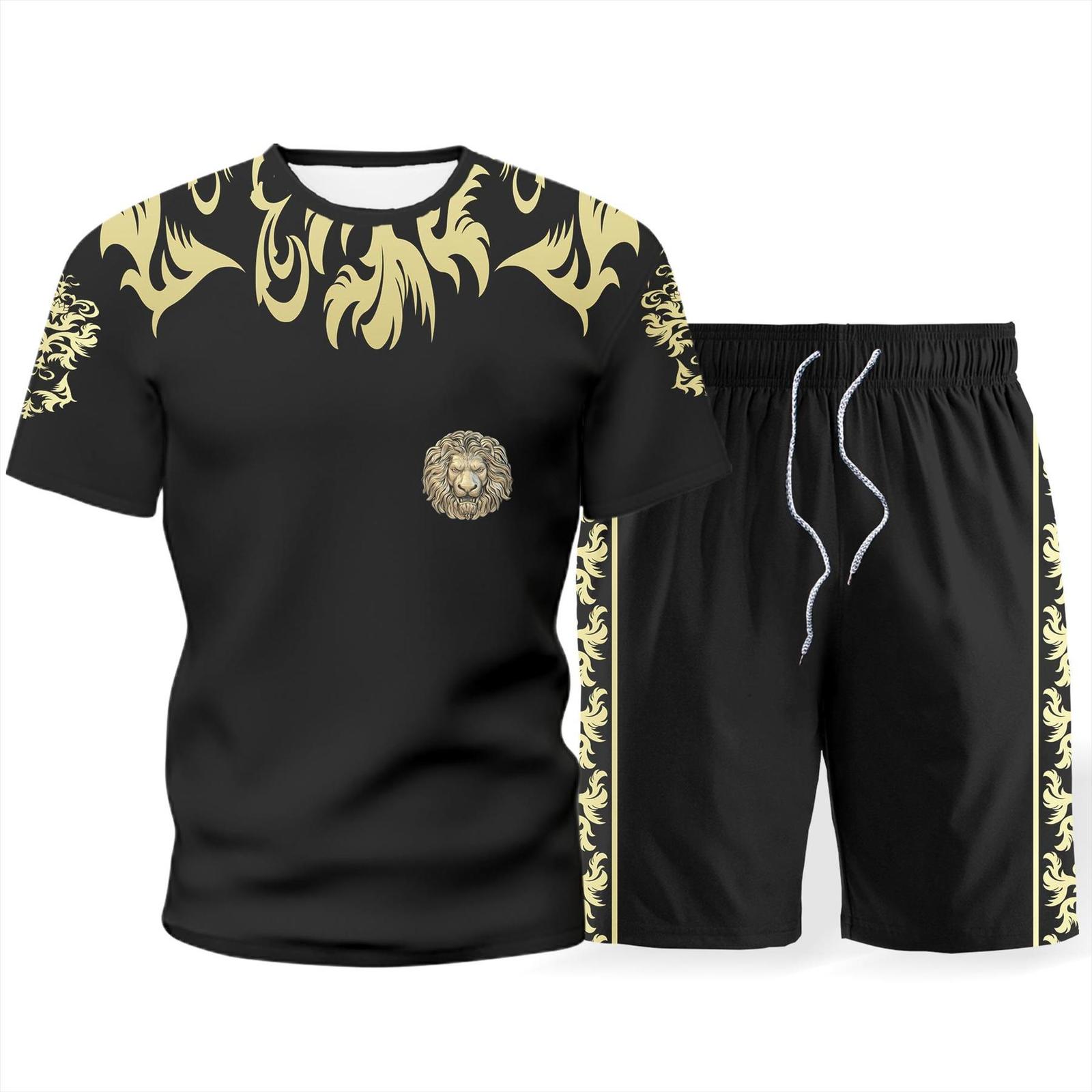

summer sports suit 3d mens tracksuit print crew neck home casual short sleeve running fashion shorts set, Gray