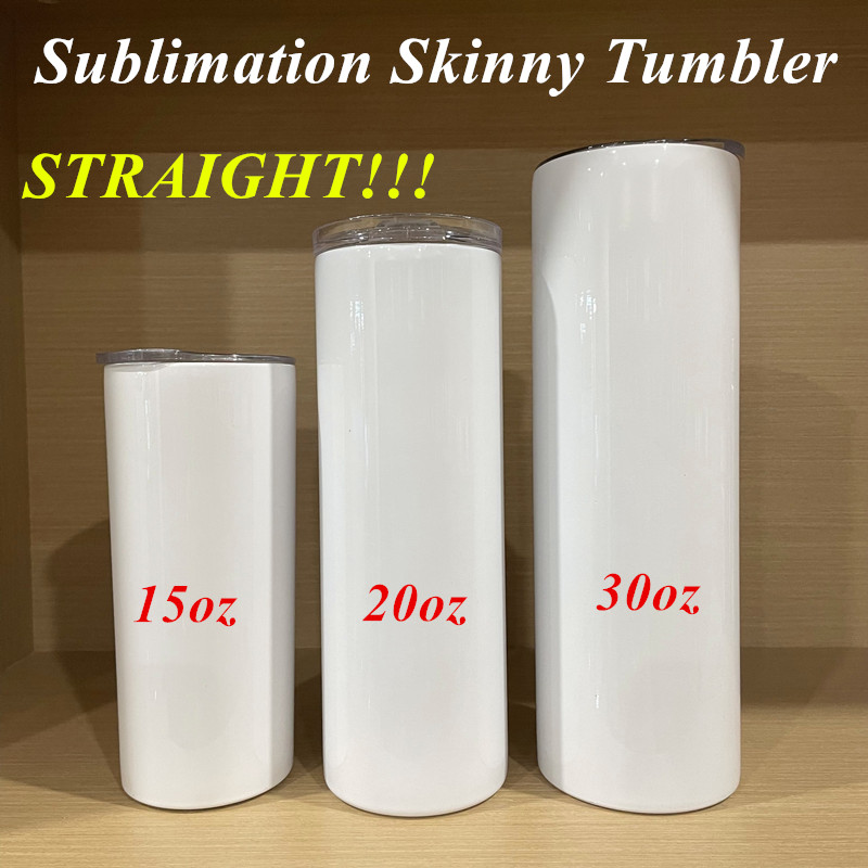 

Blank Sublimation Tumbler 15oz 20oz 30oz STRAIIGHT Skinny Tumbler Straight Cups Stainless Steel slim Insulated Tumbler Travel Coffee Mug, White