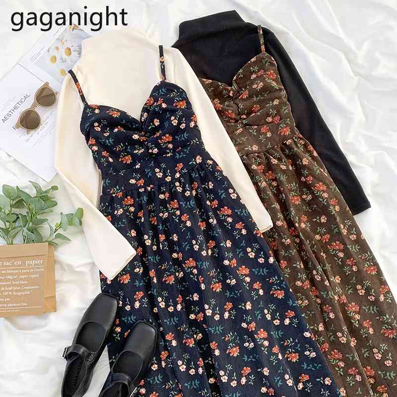 

Gaganight Women Two Pieces Set Vintage Floral Spaghetti Strap Dress+Solid Half Turtleneck Pullover Tops Suit Femme Outfits 210519, Gray