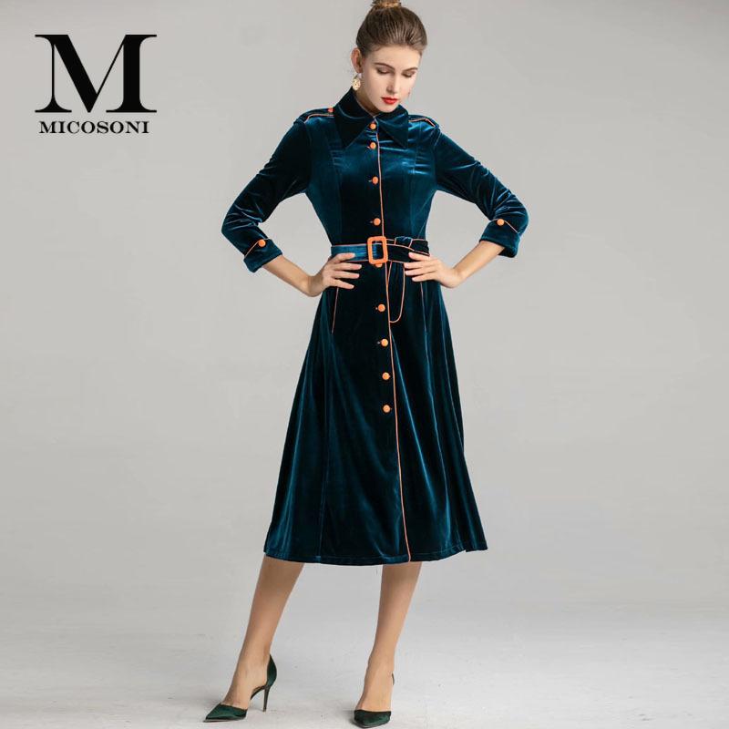 

Casual Dresses High-End Quality 2021 Autumn Women' Original Lapel Orange Single Breasted Temperament Pleuche Long Sleeve Green Dress -XL