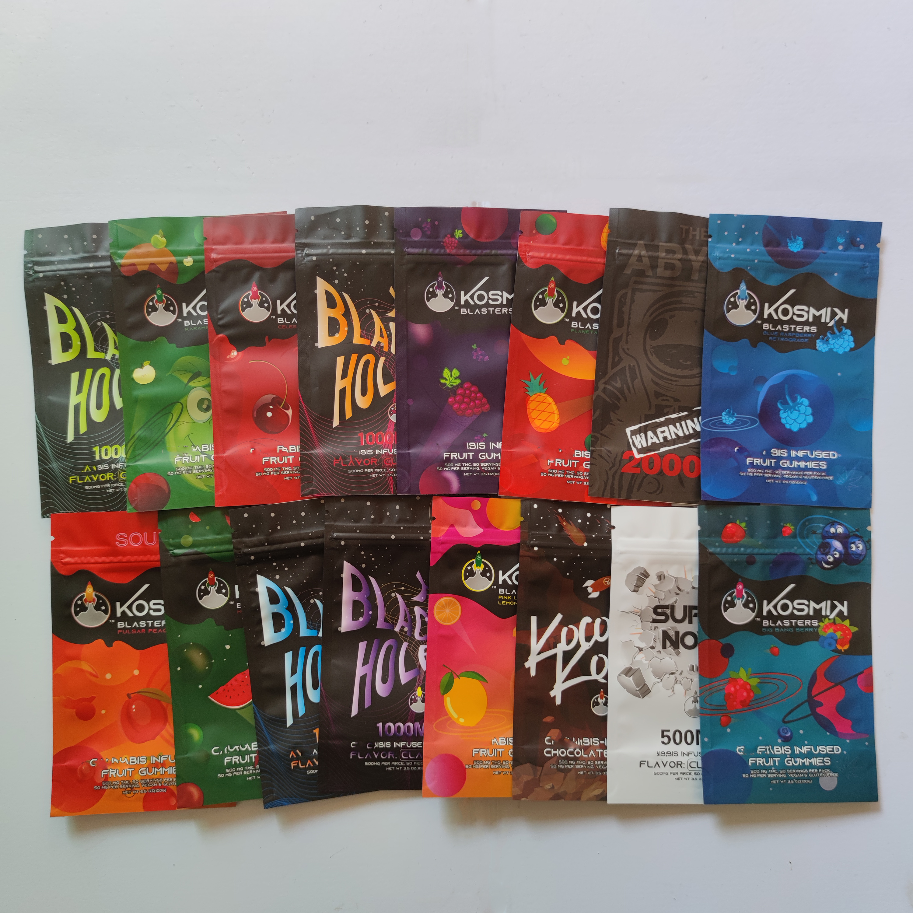 

Kosmik blasters sour fruit gummies packing bags 500mg 50 servings per pack 50mg per 3.5oz resealable mylar Edibles Infused Gummy zipper package bag newest