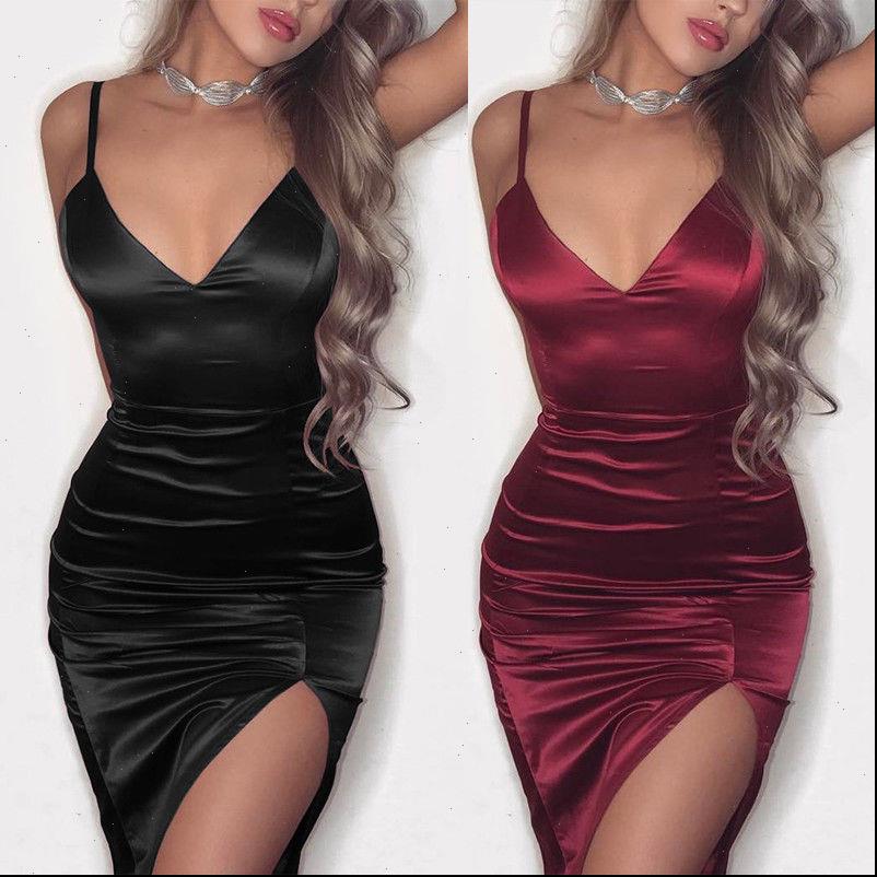 

spaghetti satin braces womens dresses deep v midi evening party irregular summer bodycon clubwear red black, Black;gray