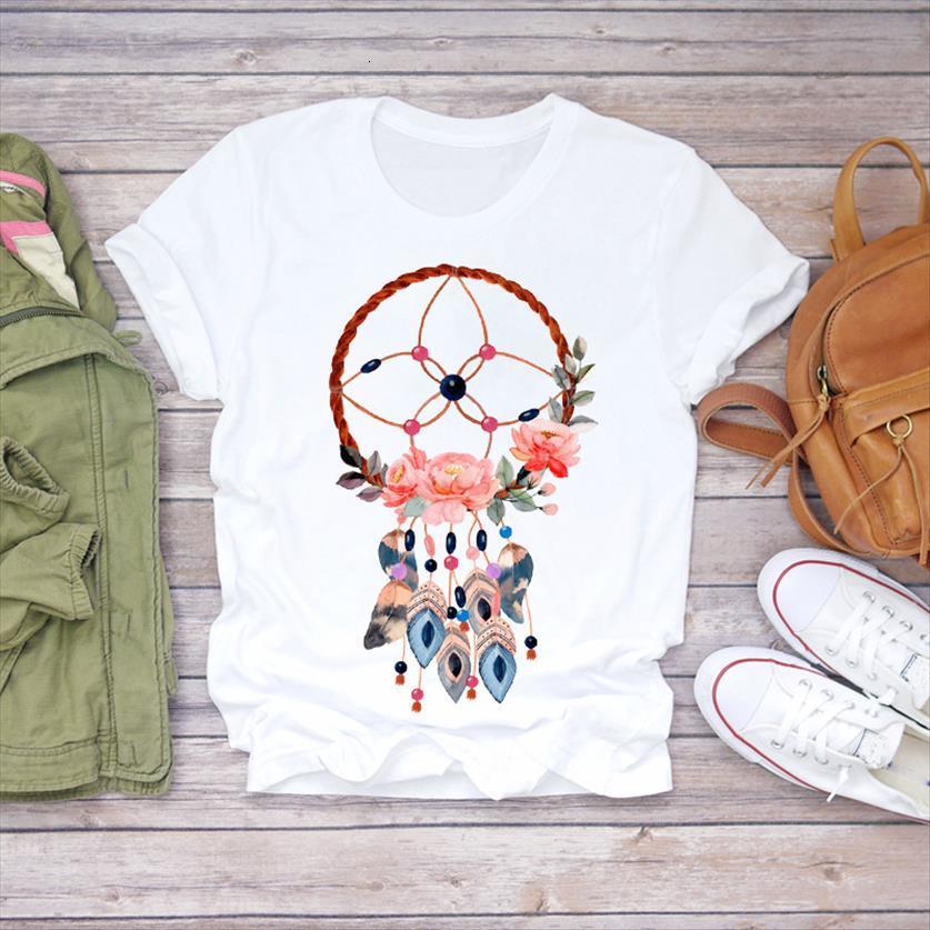 

feather flower floral short sleeve women t shirts fashion 90s print womens graphic shirt ladies female tee, White