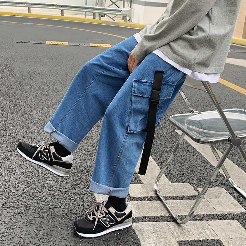 Men&#039;s Jeans Mens Casual Baggy Denim Trousers High Street Hip Hop Pure Color Elastic Waist Both Side Pockets Long Ribbons Cargo Pan-image-703637346