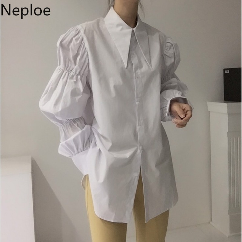 Neploe Women Blouse Chic High Street Tops Korean Vintage Turn-down Collar Loose Long Blusas Mujer Puff Sleeve White Shirt 4H419 210422