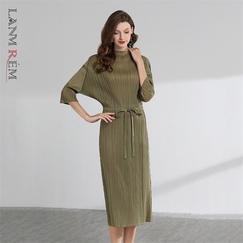 

Women Summer Long Dress Bandage Round Neck Three Quarter Sleeves Pleated Temperament Fashion 2H242 210526, Light blue