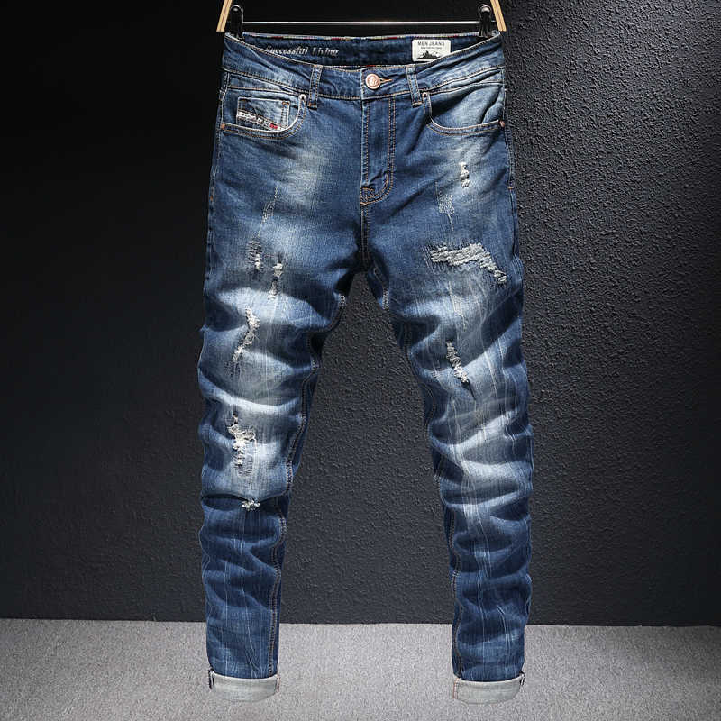 

Italian Style Fashion Men Jeans Retro Dark Blue Elastic Cotton Slim Fit Ripped for Vintage Designer Denim Pencil Pants 3JLI