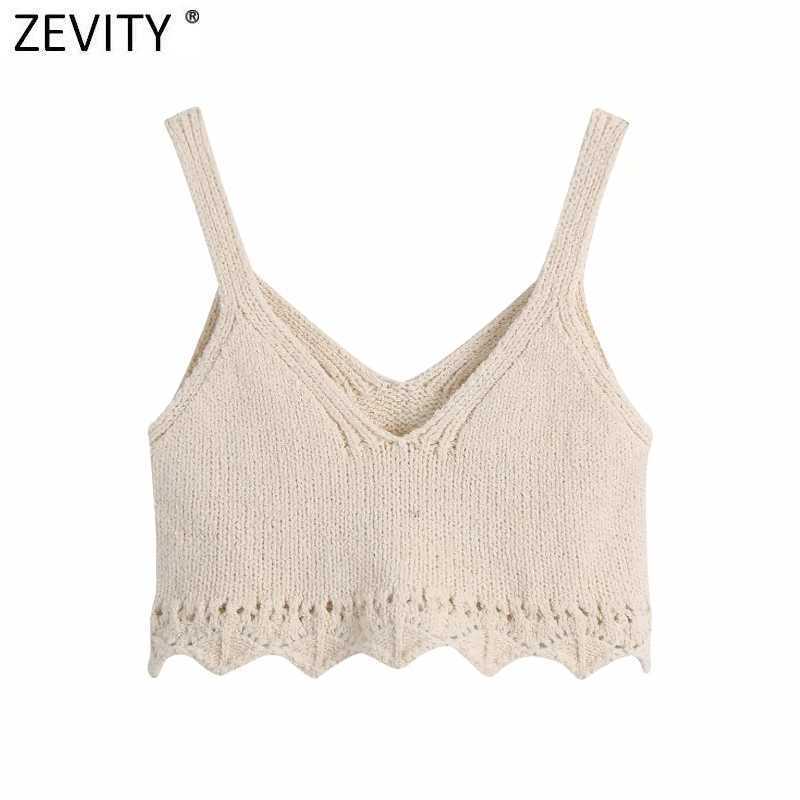 

Zevity Women Fashion V Neck Jacquard Crochet Knitting Sweater Female Basic Spaghetti Strap Wave Short Vest Chic Crop Tops SW812 210603, As pic sw812bb