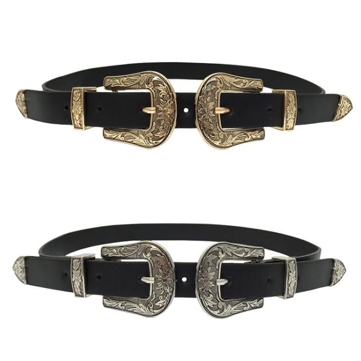 

Belts Vintage Carved Design Metal Wide Double Buckle Belt Adjustable PU Waistband DressWomen Leather Trendy For Jeans Straps, Black;brown
